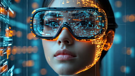 futuristic woman wearing digital glasses with glowing interfaces