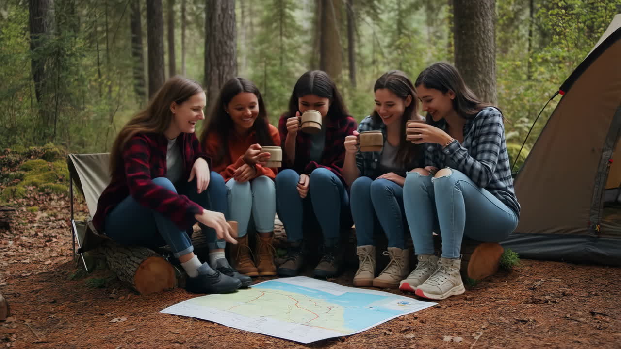 Friends Planning a Hike While Camping in the Forest