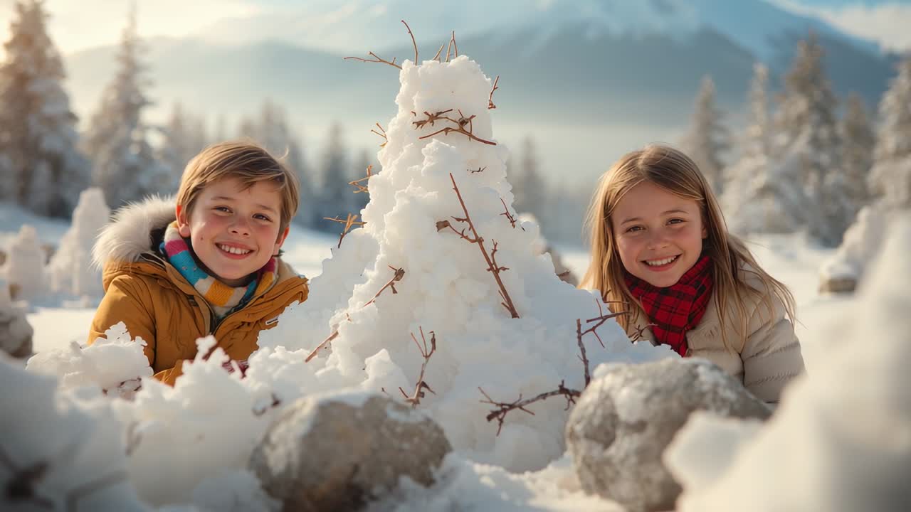 Starting wide shot capturing siblings kneeling refining snow cone at snow field with bare twigs
