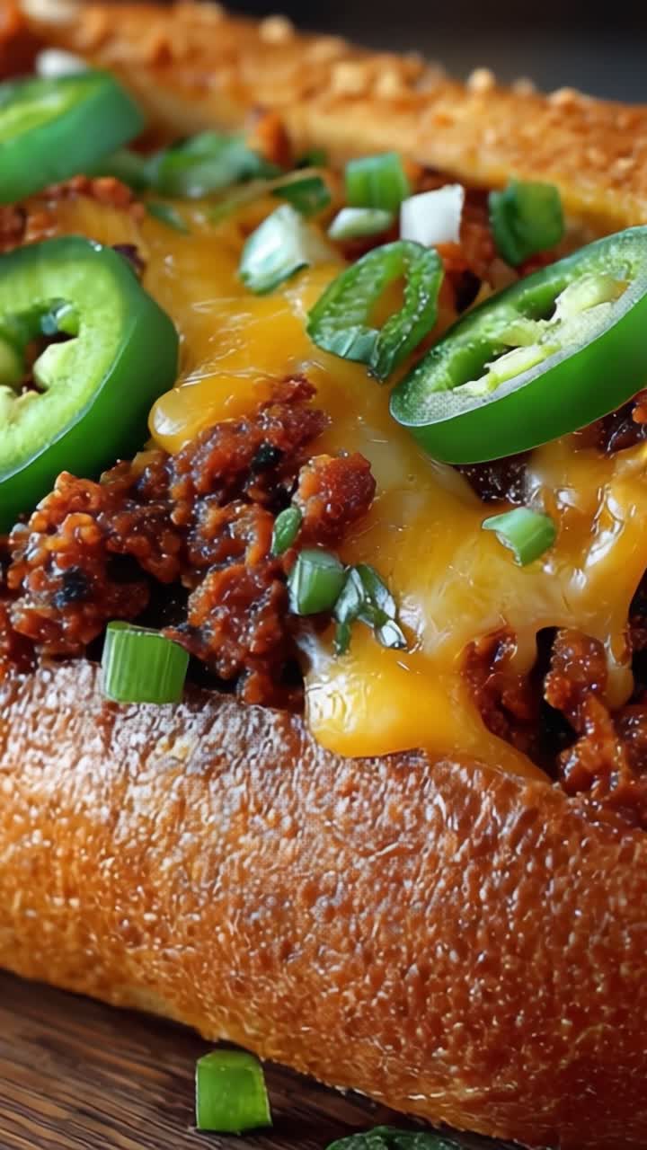 Deliciously Loaded Cheesy Chili Dog with Spicy Jalapeños and Fresh Green Onions on a Perfectly Toasted Bun, an Irresistible Treat for Any Food Lover