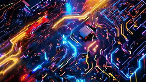 un primer plano de una placa de circuito con luces de colores