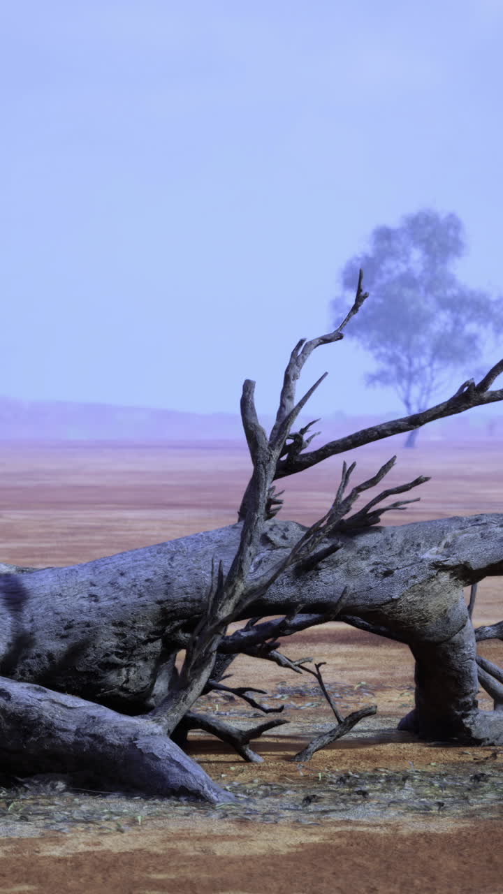 Dode boom ligt in een dor landschap onder een bewolkte hemel in een afgelegen gebied