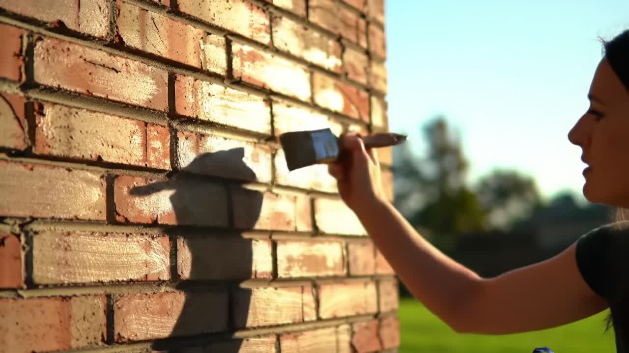A woman paints a brick wall with a brush as the sun sets behind her, casting beautiful shadows. The lush green landscape surrounds the setting, adding warmth and vibrancy.