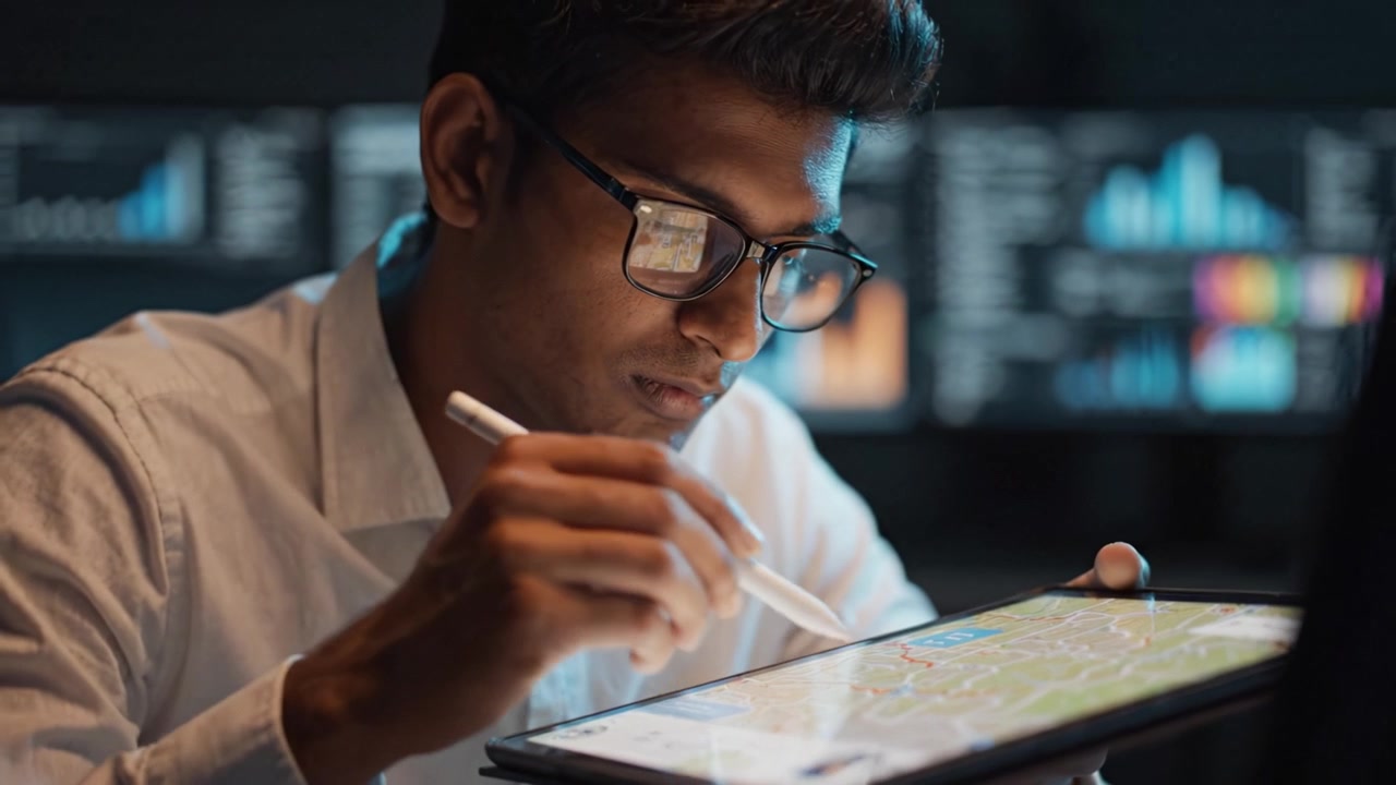 Focused Individual Analyzing Data on Tablet with Stylus in a Dark, High-Tech Environment for Insights and Decision Making