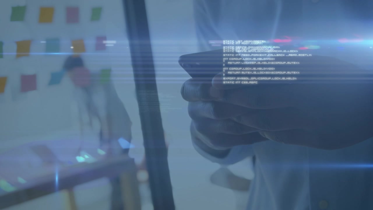 Person Using Smartphone with Digital Data Overlay in Office