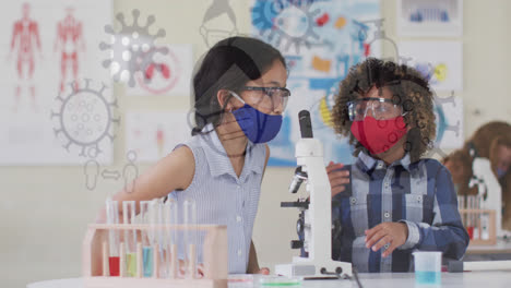 animación de dibujos de covid con escolares enmascarados en la clase de ciencias