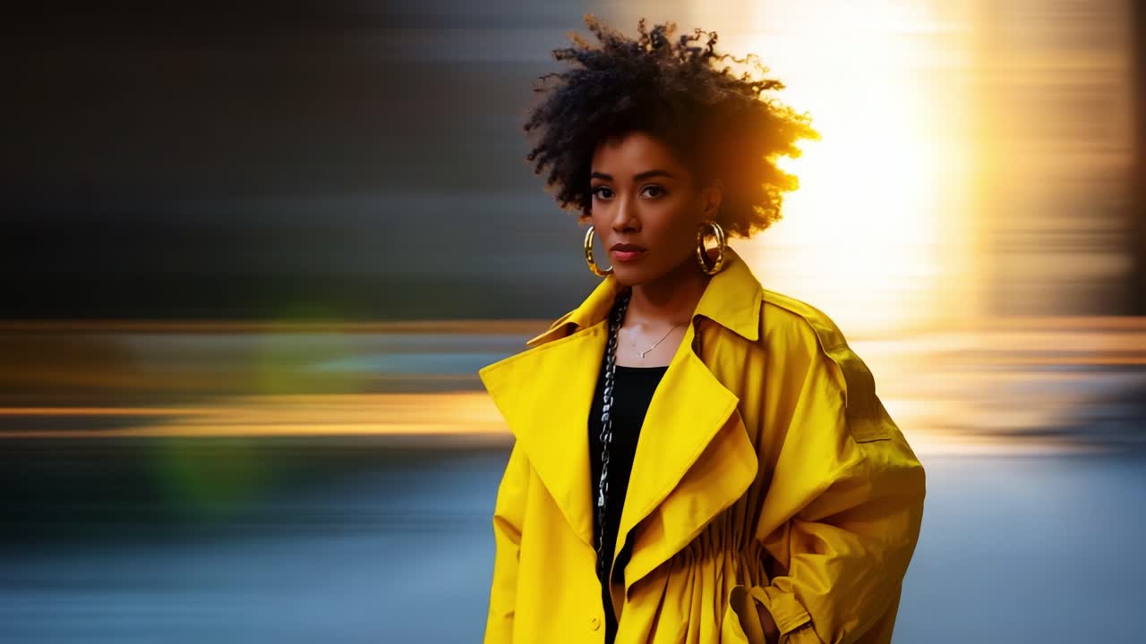 A striking fashion moment featuring a model in a vibrant yellow coat, exuding confidence and style against a blurred backdrop of urban elegance and soft sunset hues