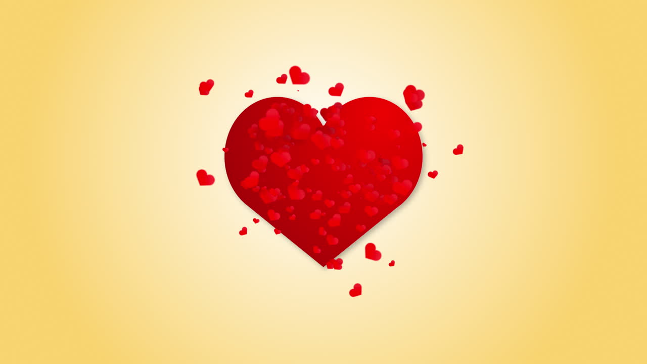 Red beating heart symbol on a yellow background. Movement of small red hearts. Animated romantic background.
