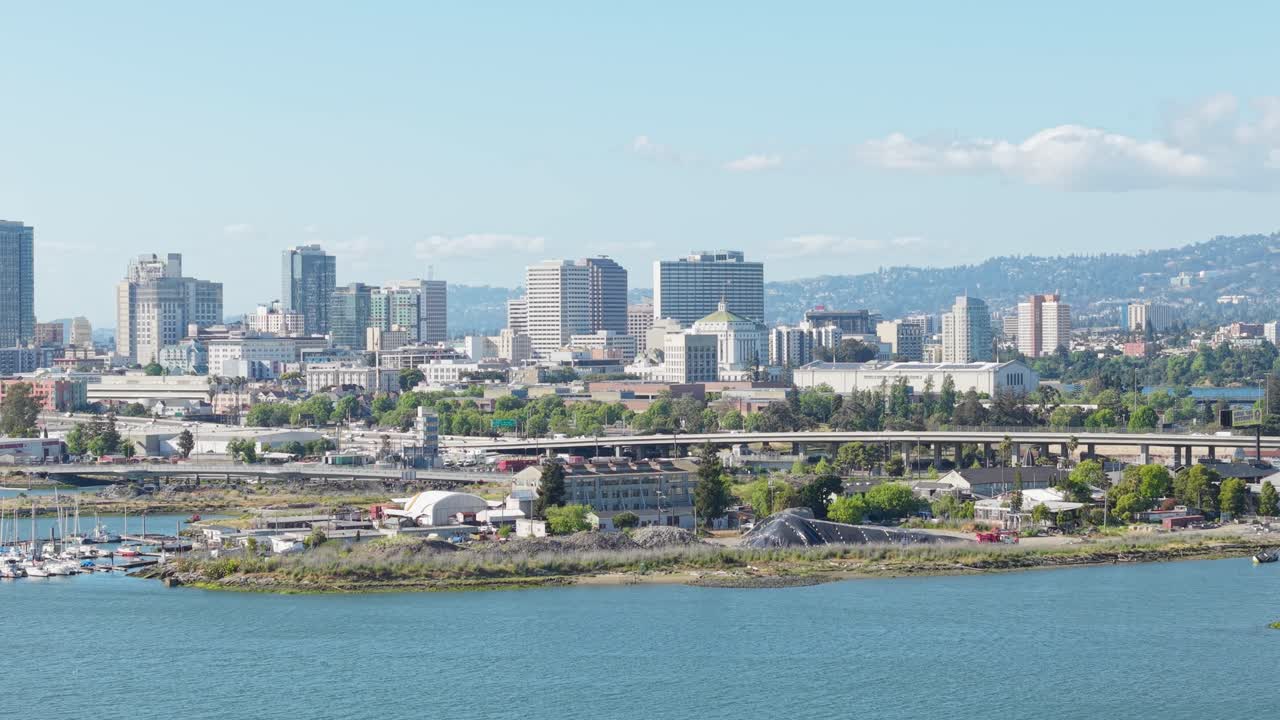 An aerial right to left panning view of Downtown Oakland California. Filmed in 4K.