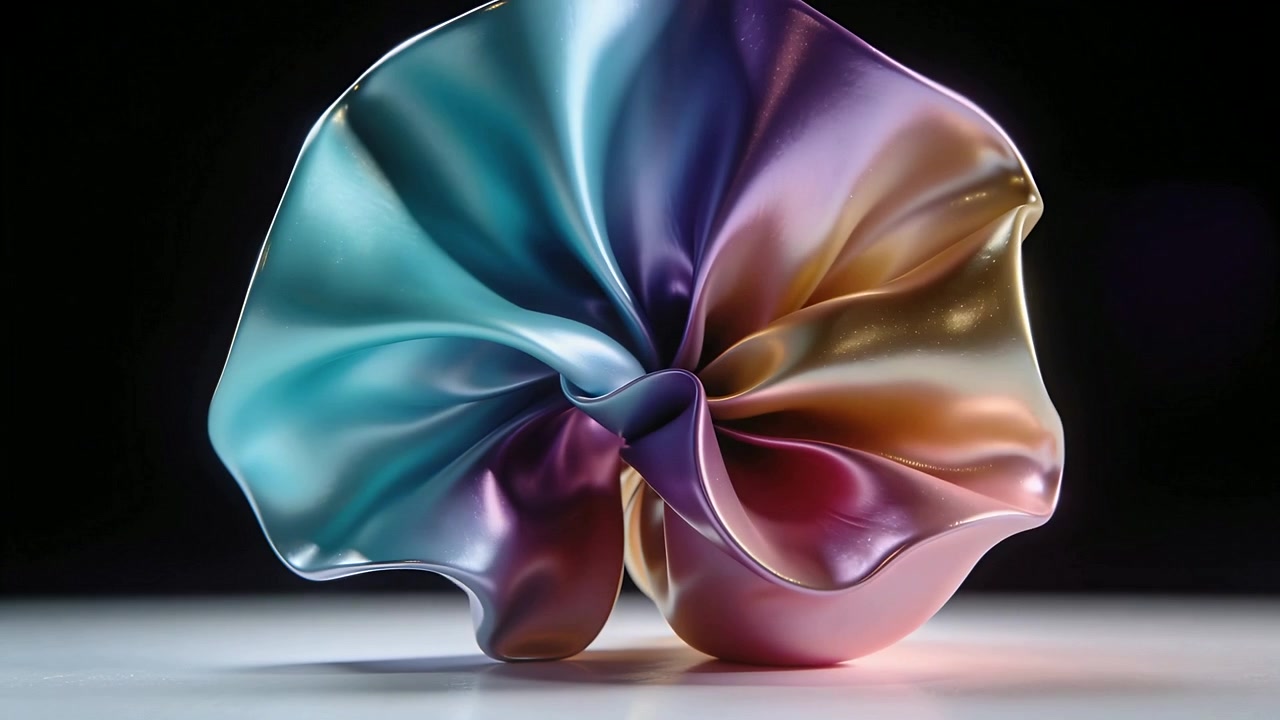 Unfurling iridescent fabric form revealing twist and spreading folds on studio table