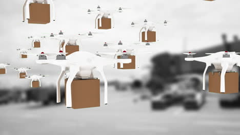 animación de drones que llevan paquetes volando sobre almacenes fuera de foco