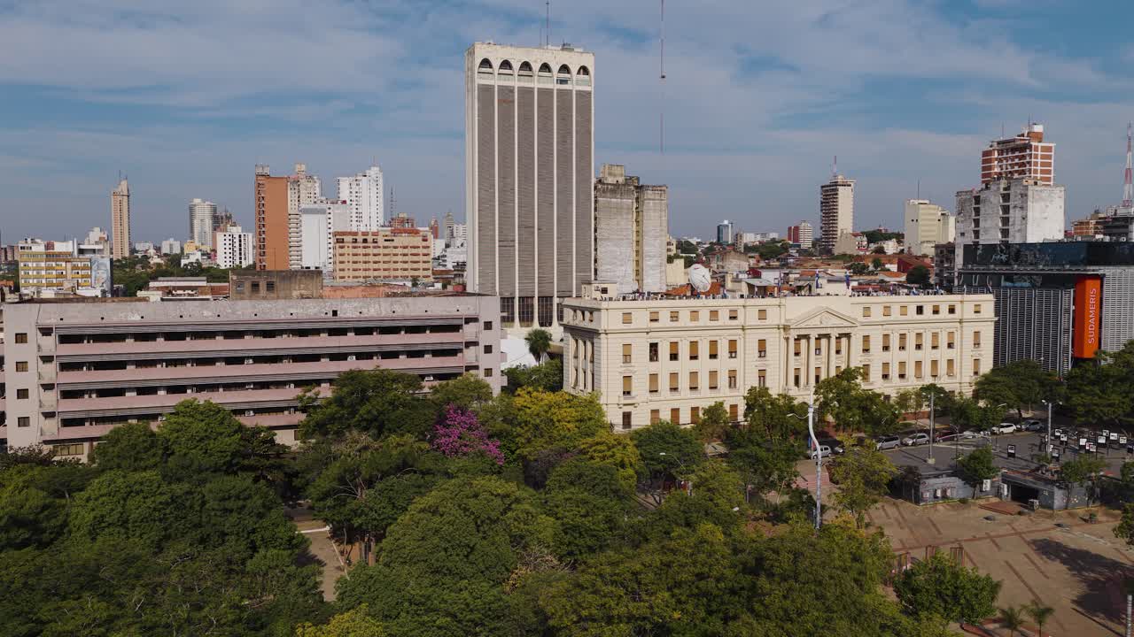 Banco Nacional de Fomento (BNF) main building and Plaza de la Democracia in Asuncion, Paraguay