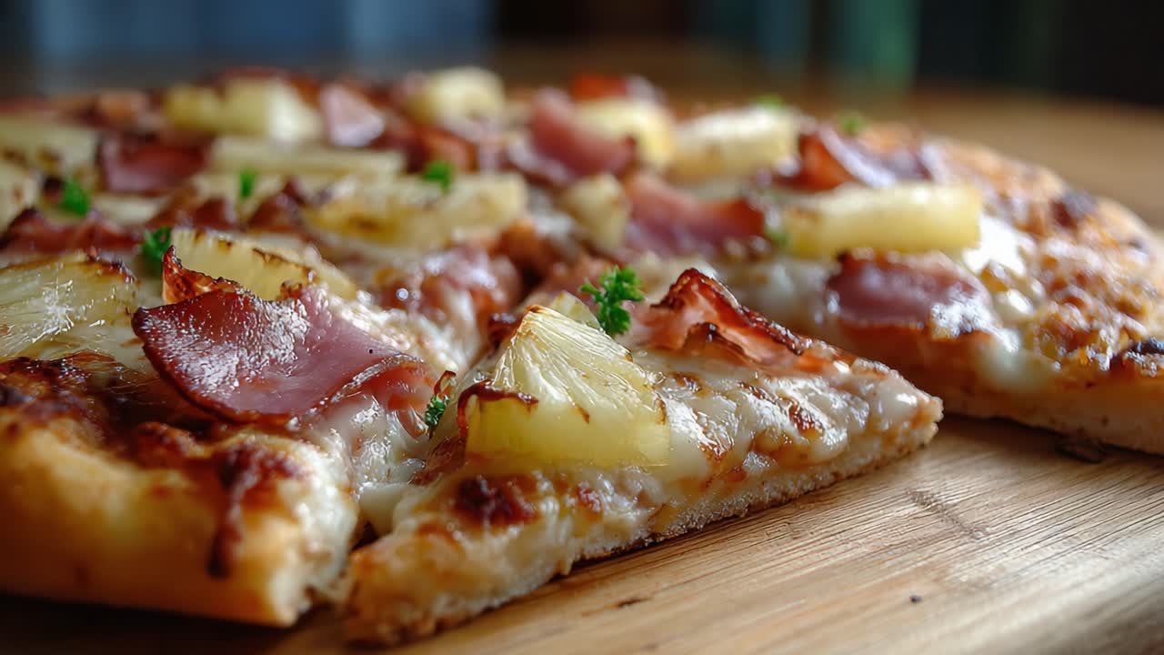 Pizza deliziosamente cotta al forno con prosciutto, ananas ed erbe fresche, evidenziata in una presentazione gourmet per il massimo sapore e impatto visivo.