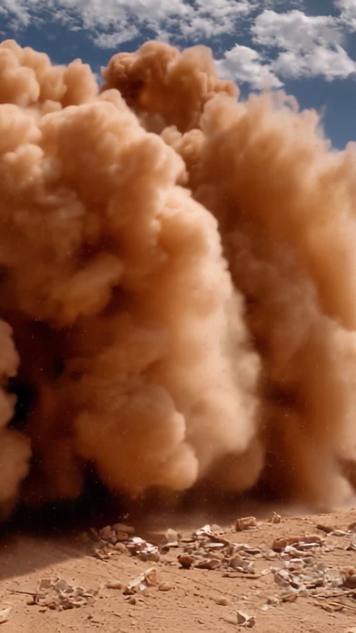 Ein majestätischer Ausbruch von Staub und Trümmern: Erleben Sie die Kraft der Natur, wie massive Staubwolken aufsteigen und ein atemberaubendes visuelles Spektakel vor blauem Himmel schaffen