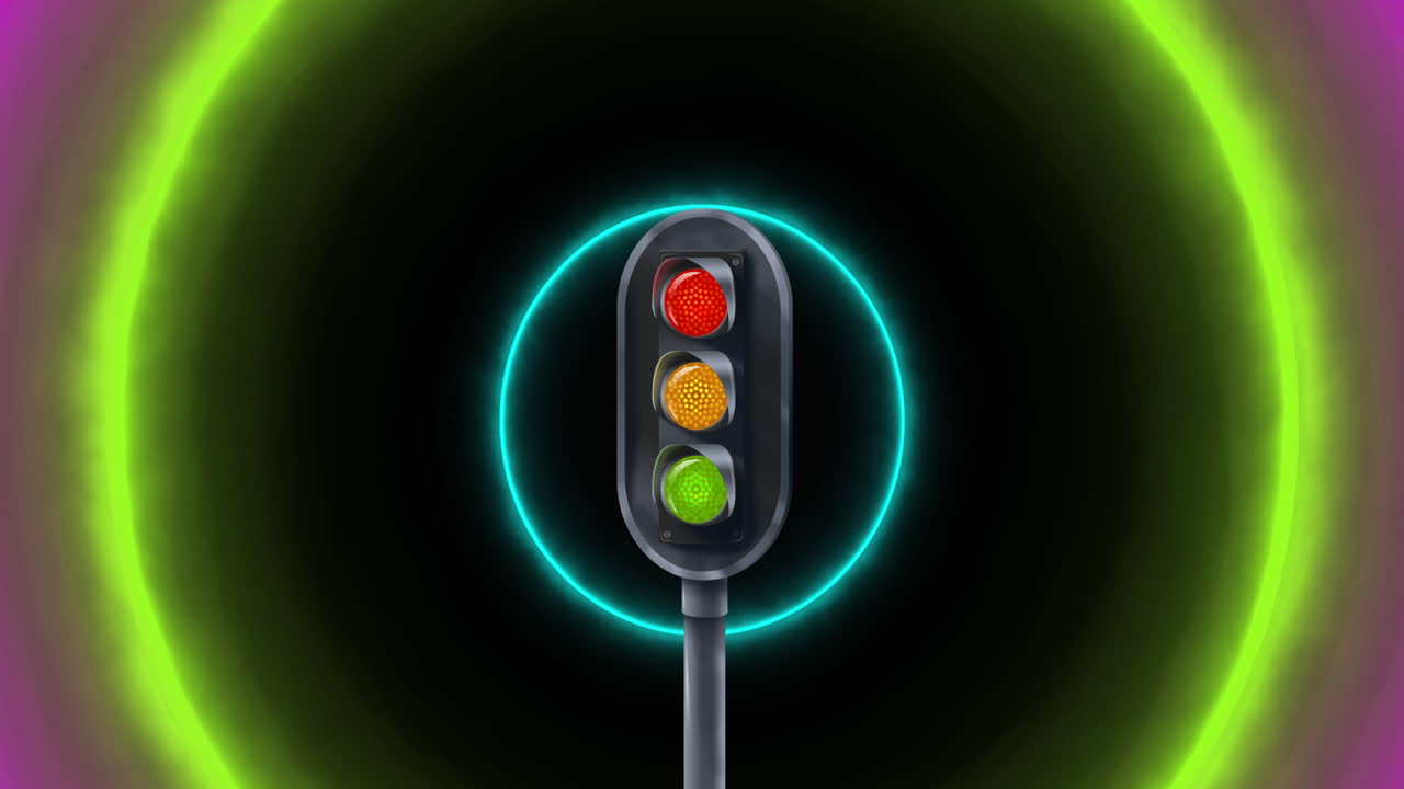 animación de un semáforo sobre círculos de neón que se mueven sobre un fondo negro