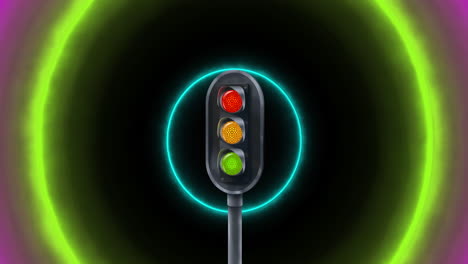 animation of traffic light over neon circles moving on black background