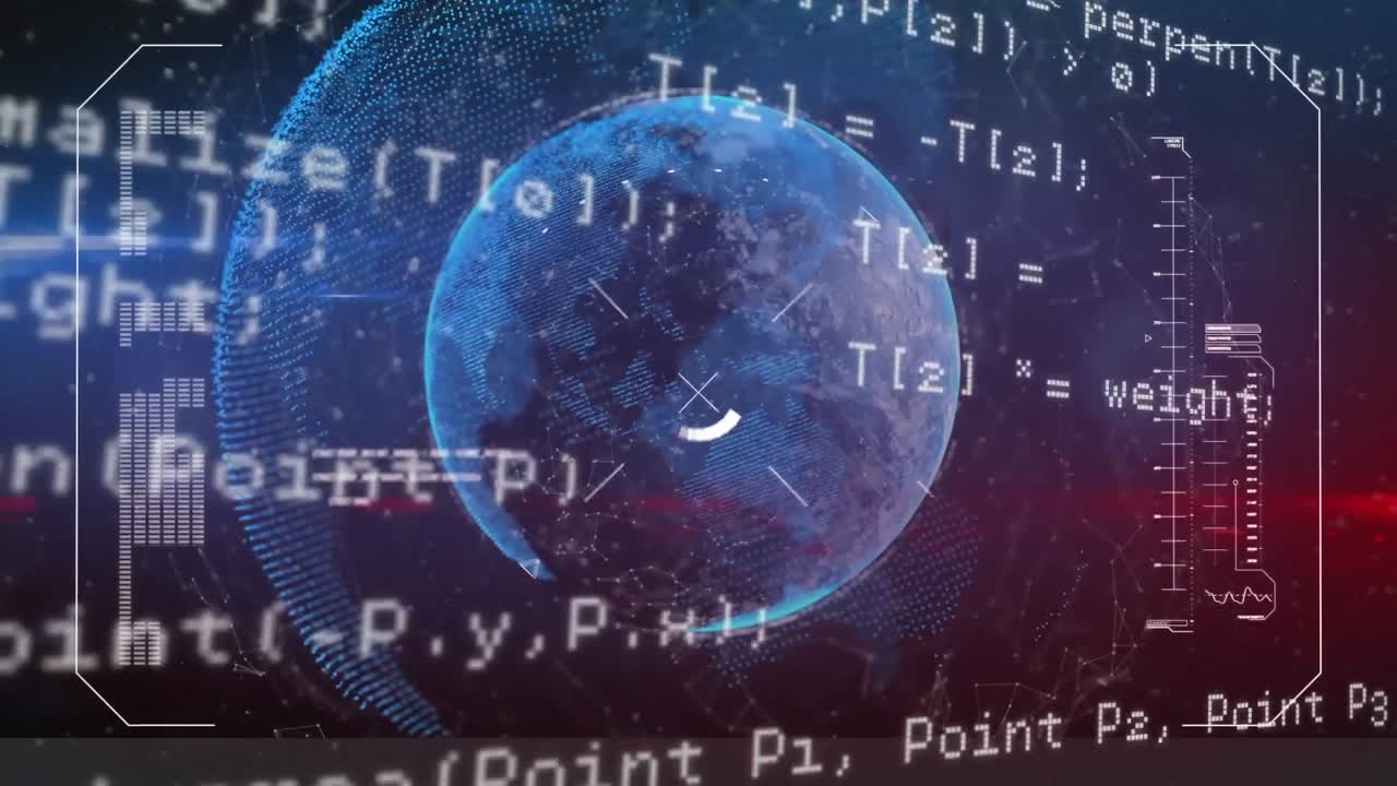 전 세계를 둘러싼 로딩 바와 연결된 점에 대한 컴퓨터 언어의 애니메이션