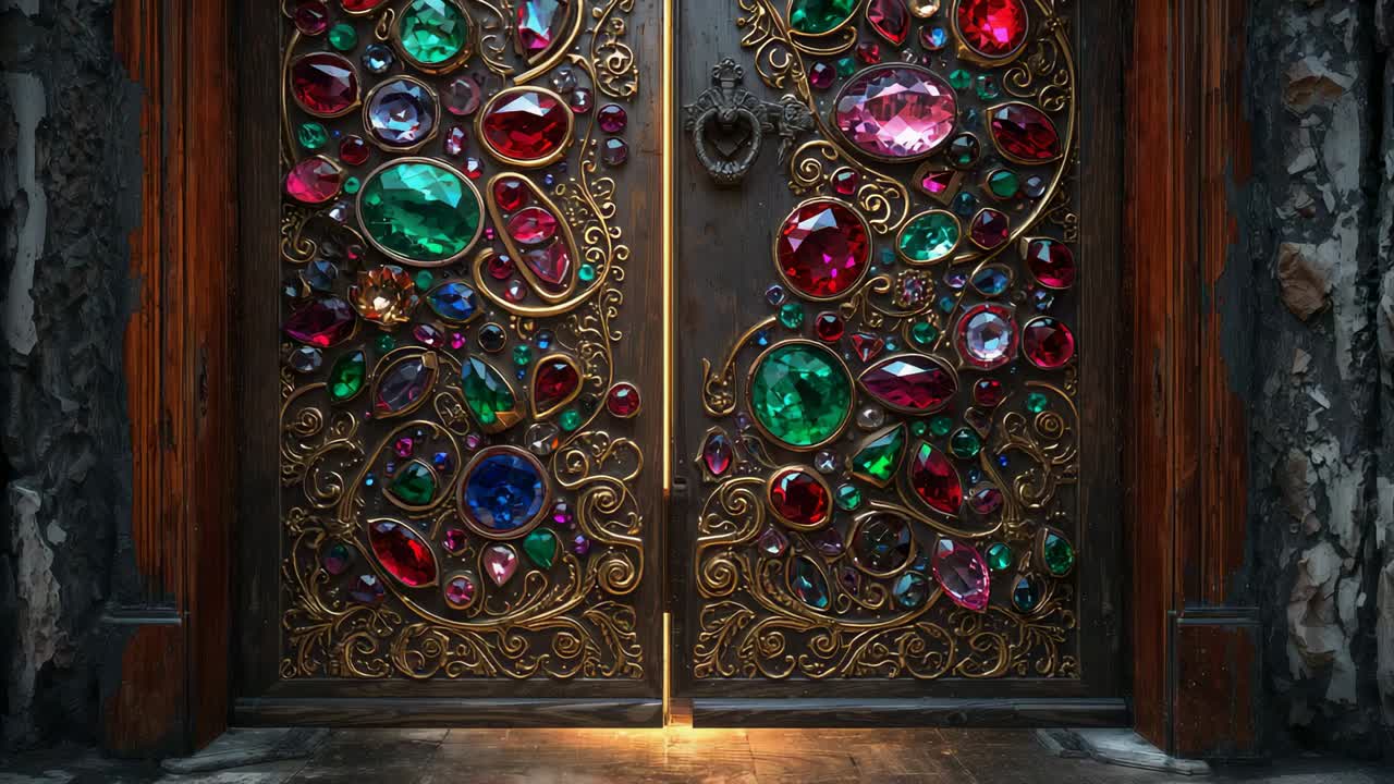 Resplandor interior abriendo ligeramente unas puertas dobles ornamentadas en la entrada, una luz cálida que revela piedras preciosas
