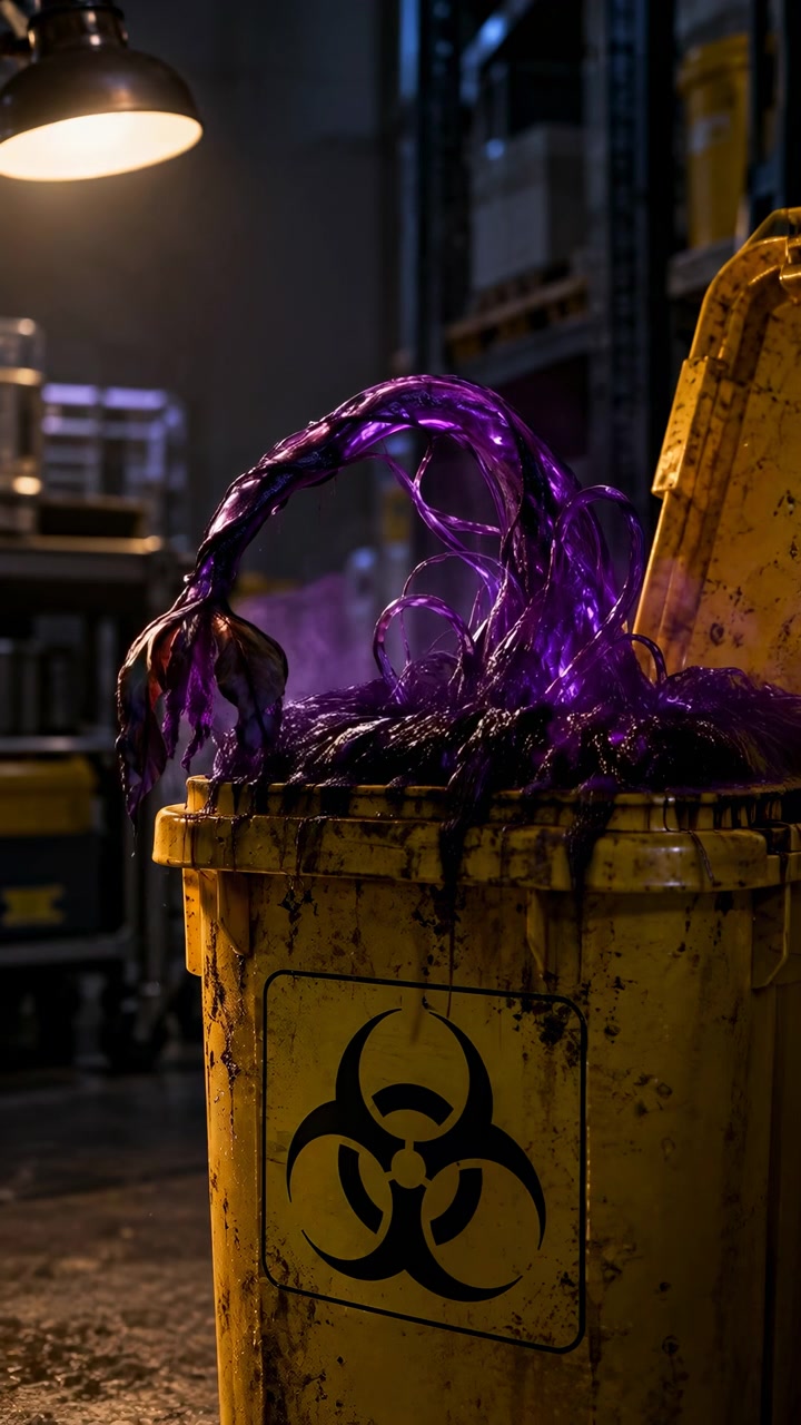 Fili viola scuro si ispessiscono e si inarcano verso l'alto dal contenitore giallo contrassegnato, mentre viticci più piccoli ricadono sul bordo, con una foschia violetta e scaffali sfocati sullo sfondo