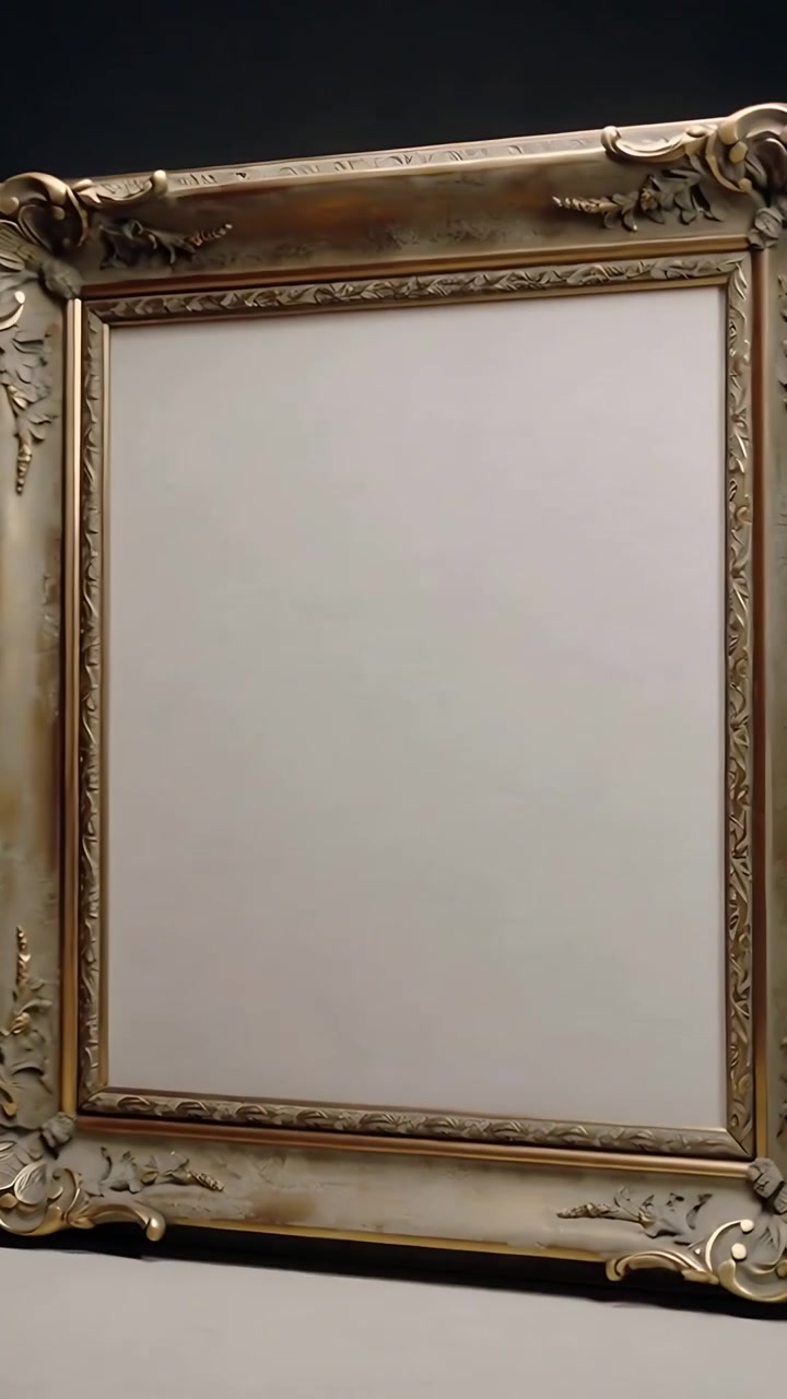 Vertikální video: Pohybující se kamera odhalující zdobený zlacený rám na stěně galerie, ukazující prázdné plátno.