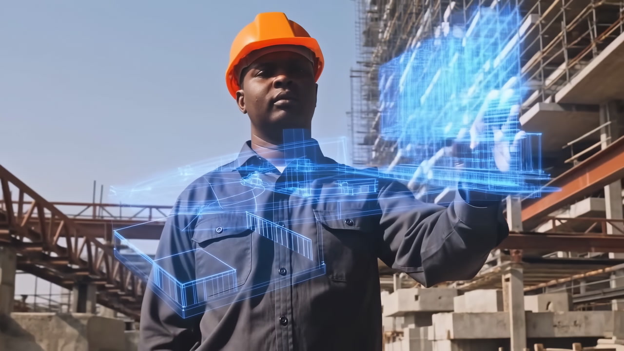 Black Engineer Interacts With Hologram Building Model On Construction Site Wearing Orange Helmet