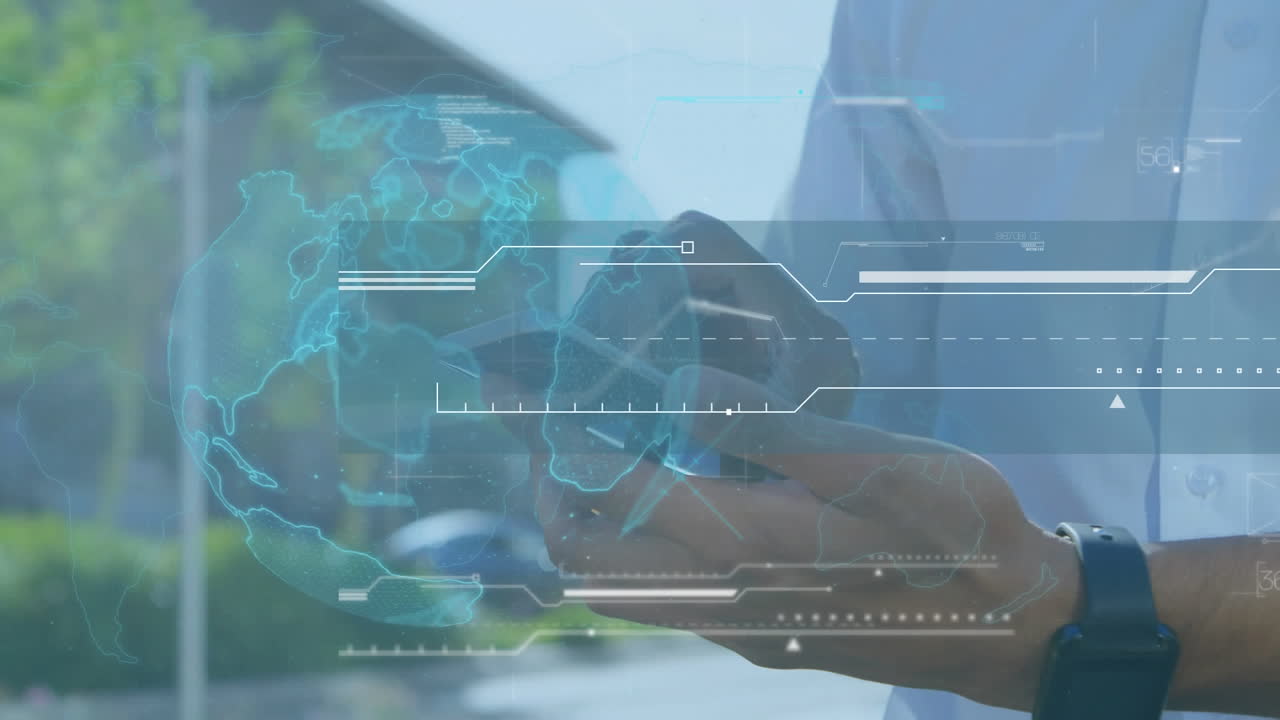 Animation of data processing and globe over biracial man using smartphone
