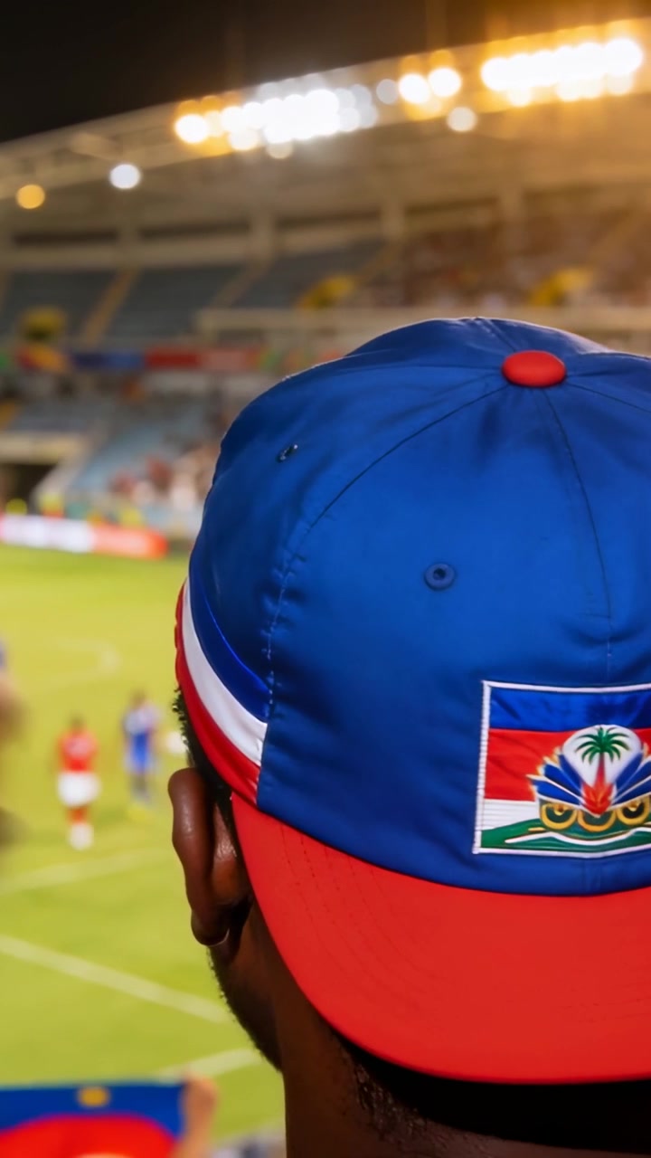 Video verticale: Tifoso che applaude e reagisce all'azione di gioco in uno stadio notturno, con un cappellino blu e rosso e una toppa.