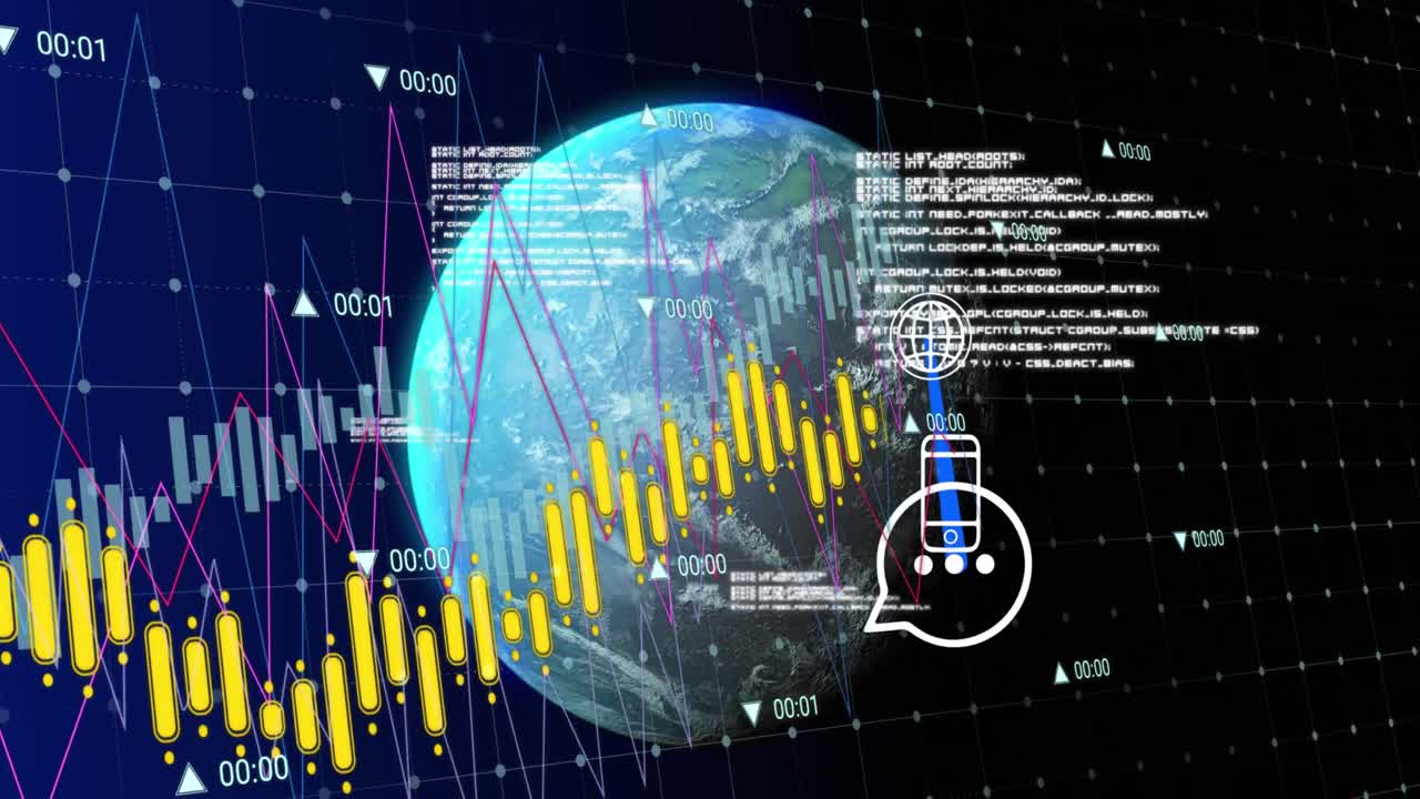 Animation of data processing with icons over globe on black background