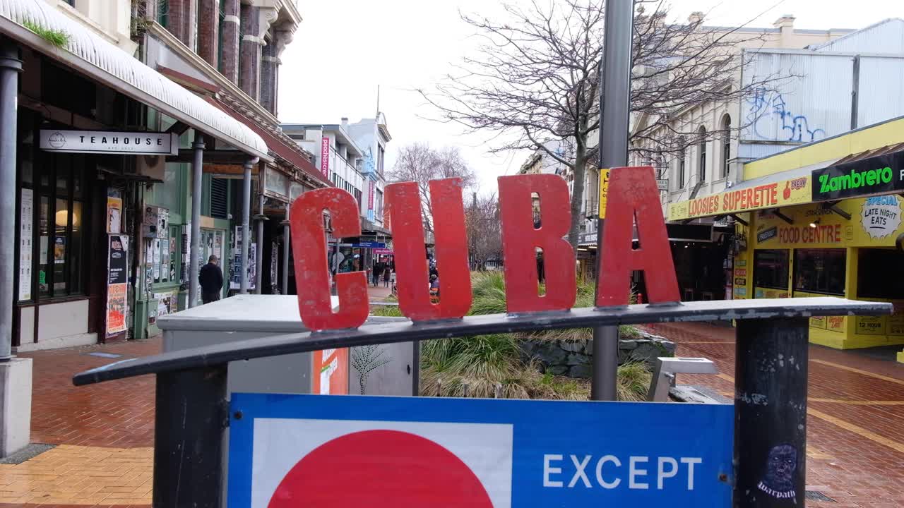 Cuba Street Sign and Shops in Wellington, New Zealand