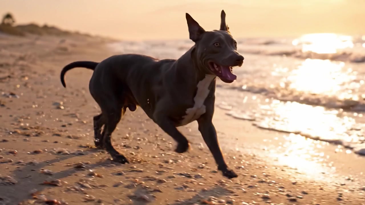 Un cane gioioso che corre lungo la spiaggia al tramonto, sprintando giocosamente tra le onde e la sabbia, abbracciando la fresca brezza marina in un ambiente costiero sereno.