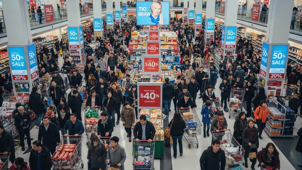 Overhead View of a Busy Supermarket During a Sale