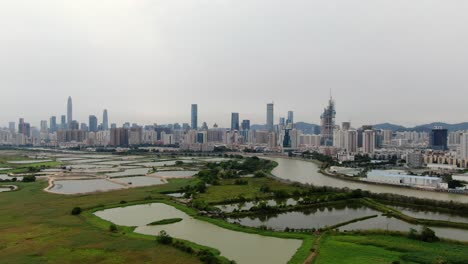 aerial view over shenzhen cityscape with massive urban development and skyscrapers