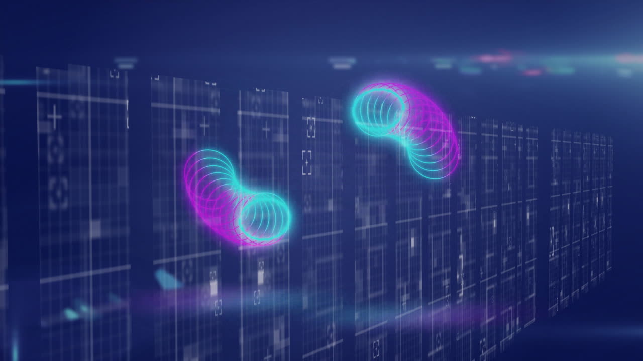 Glowing neon spirals floating over digital grid background in futuristic animation