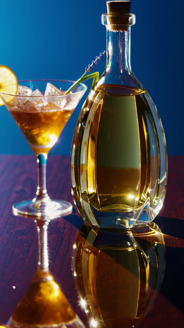 Cocktail e bottiglia di liquore su una superficie riflettente