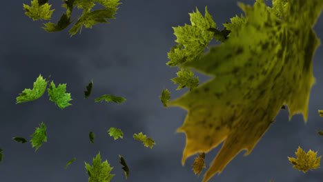 digital animation of multiple autumn maple leaves falling against textured grey background