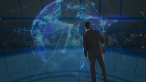 Businessman-looking-at-a-spinning-earth-globe-surrounded-by-data-connections
