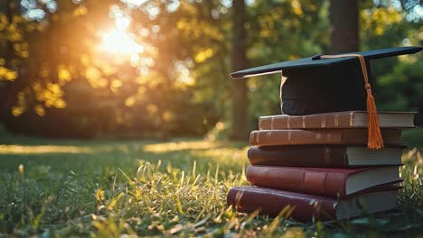 graduation cap and books on a sunny lawn
