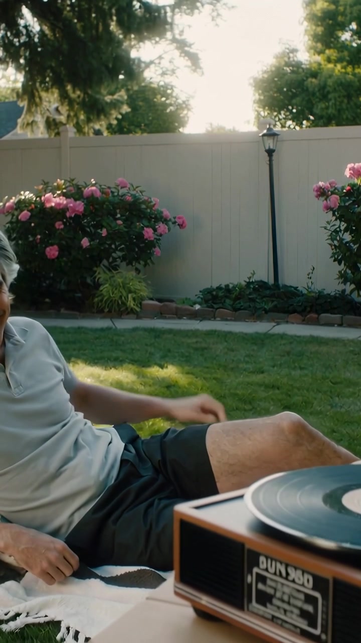 Vertical video: Spinning vinyl leading man in polo shorts reaching, adjusting turntable on backyard