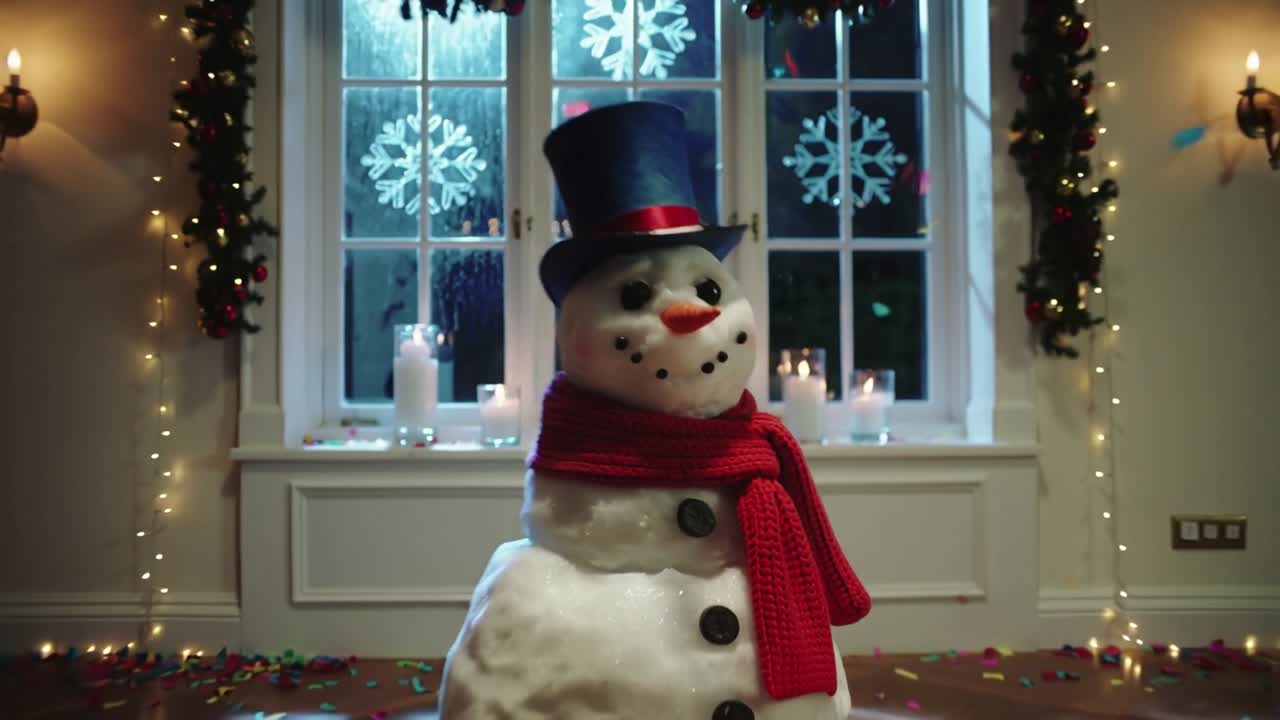 Confetti fluttering camera panning showing snowman wearing top hat turning at home with candles