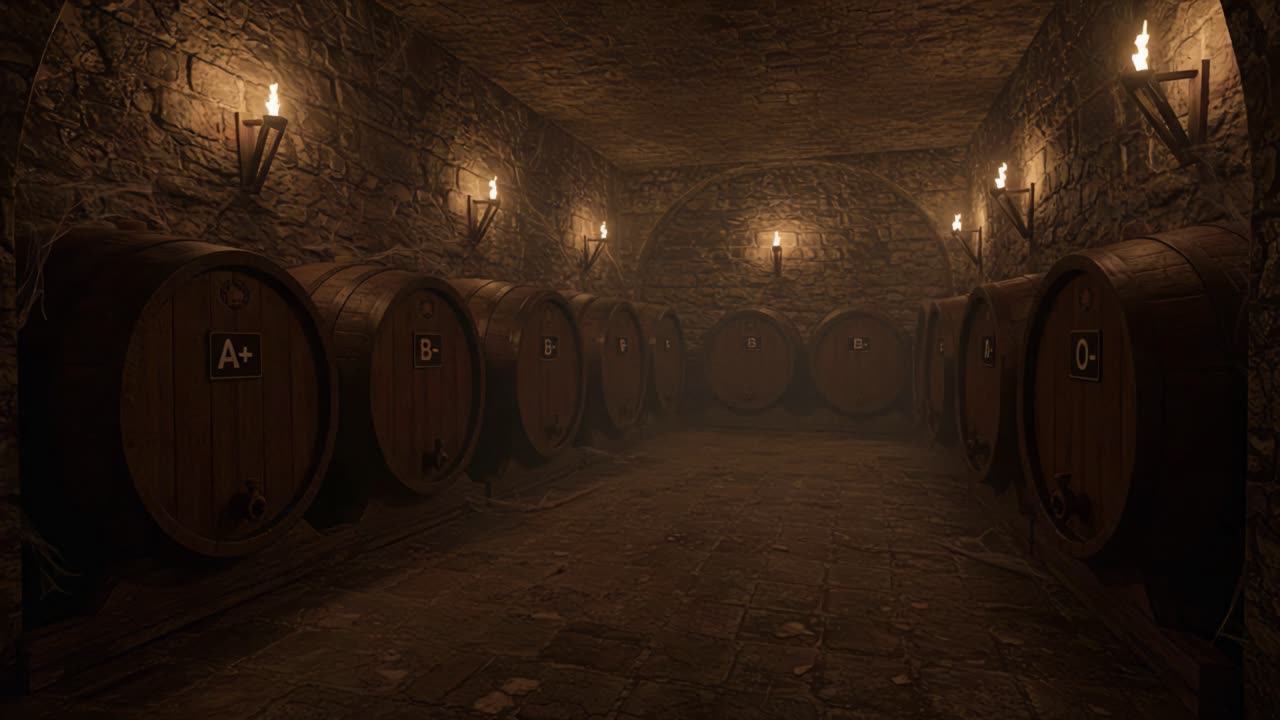 A Captivating View Inside a Dark, Ambient Storage Room Featuring Aging Barrels Lined Up Against Stone Walls, Illuminated by Flickering Torches
