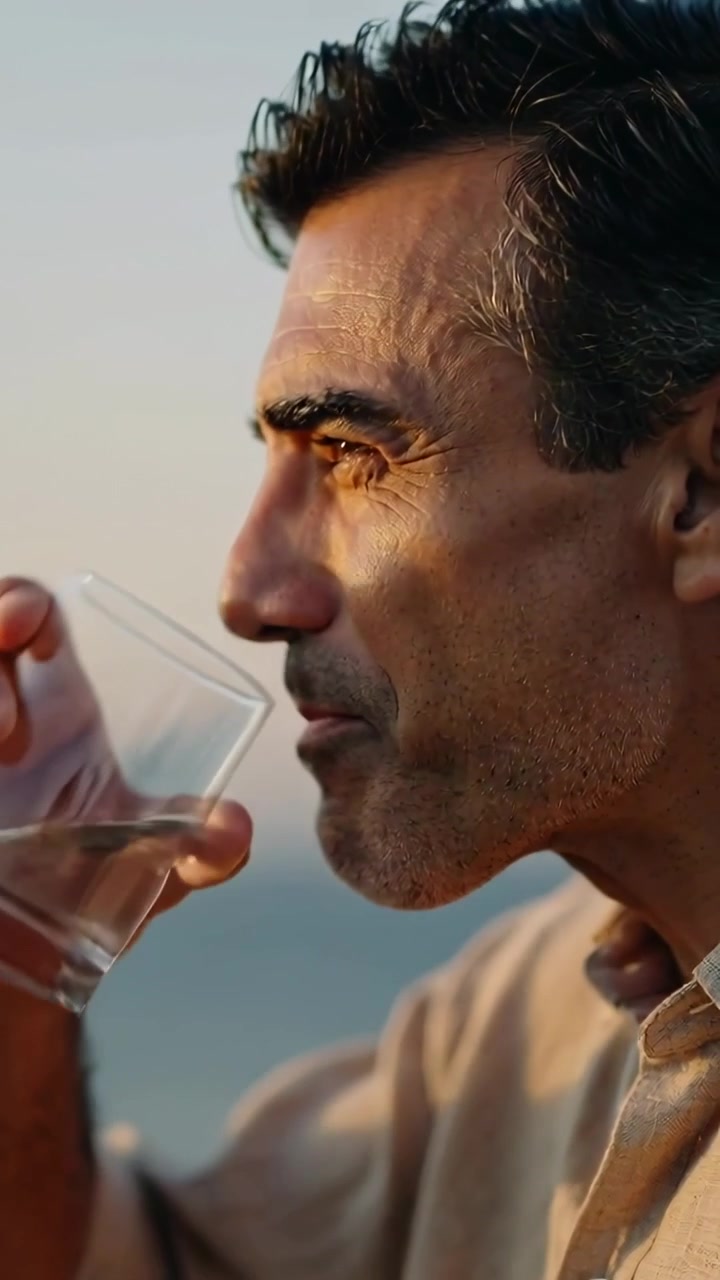 Vertical video: Lifting glass, man in light collared shirt sipping water by sea, hydrating, gazing