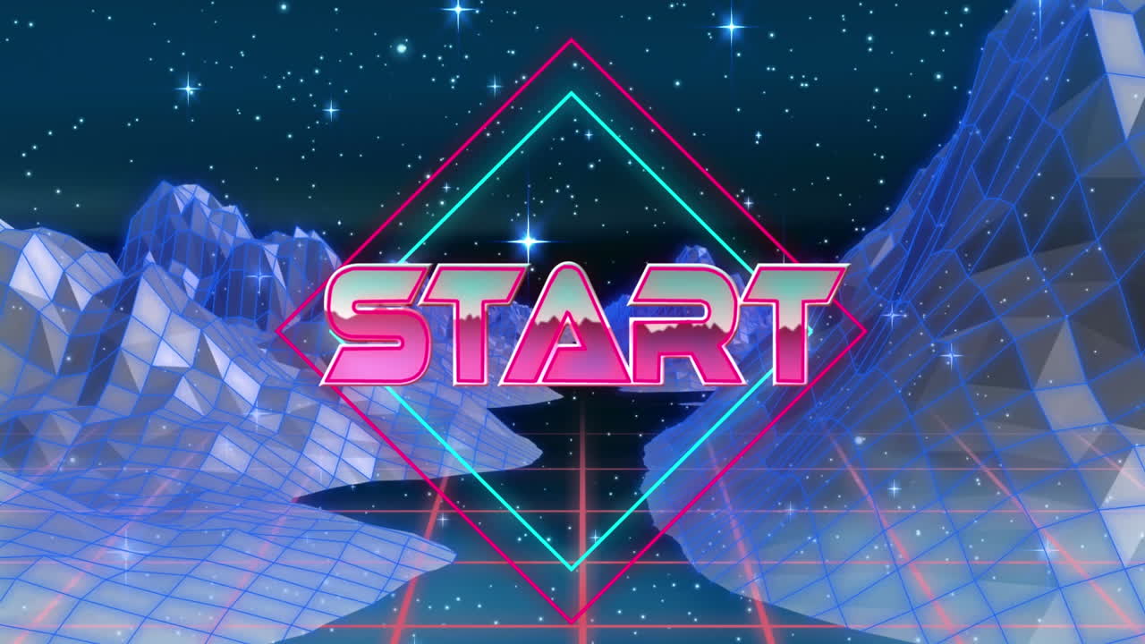 Animation of the word Start written in metallic glowing pink letters