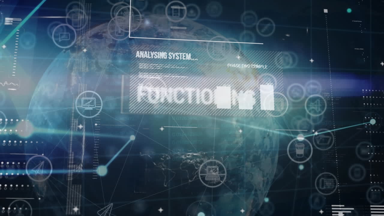 Animazione di linguaggio informatico e punti connessi su icone intorno al globo su uno sfondo astratto