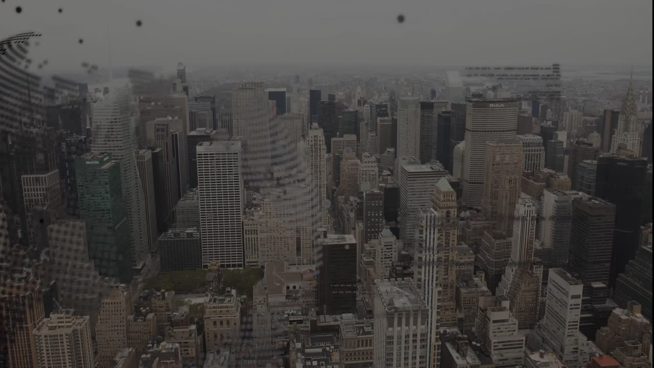 지구와 컴퓨터 언어의 애니메이션을 통해 하늘에 대한 현대 도시의 공중 전망