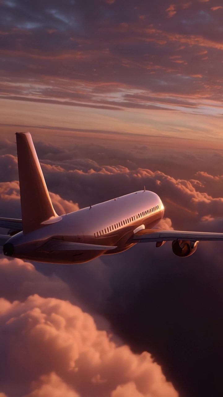 Una Vista Mozzafiato di un Aereo che Vola Attraverso Nuvole Colorate al Tramonto, Mostrando la Bellezza dell'Aviazione nel Cielo e le Meraviglie della Natura.