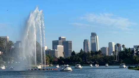 Echo-Park-Lake-in-Los-Angeles-with-swan-pedal-boats-and-downtown-city