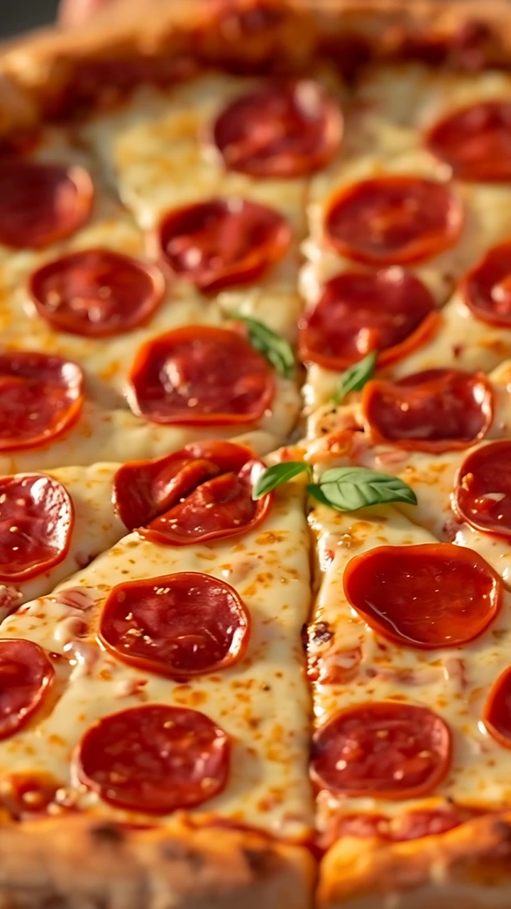 Video verticale: Telecamera che si muove dall'alto verso il basso mostrando una pizza ai peperoni su un tagliere di legno, evidenziando il basilico.