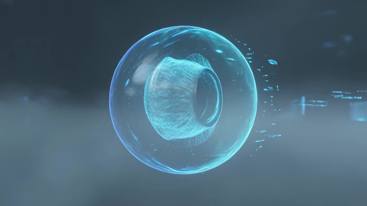 Globo blu traslucido che ruota con un nucleo che si trasforma dopo un impulso luminoso dell'interfaccia utente in uno studio nebbioso, con una scia di particelle.