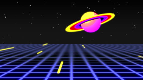 paisaje de neón retro con planeta y cuadrícula azul en galaxia oscura