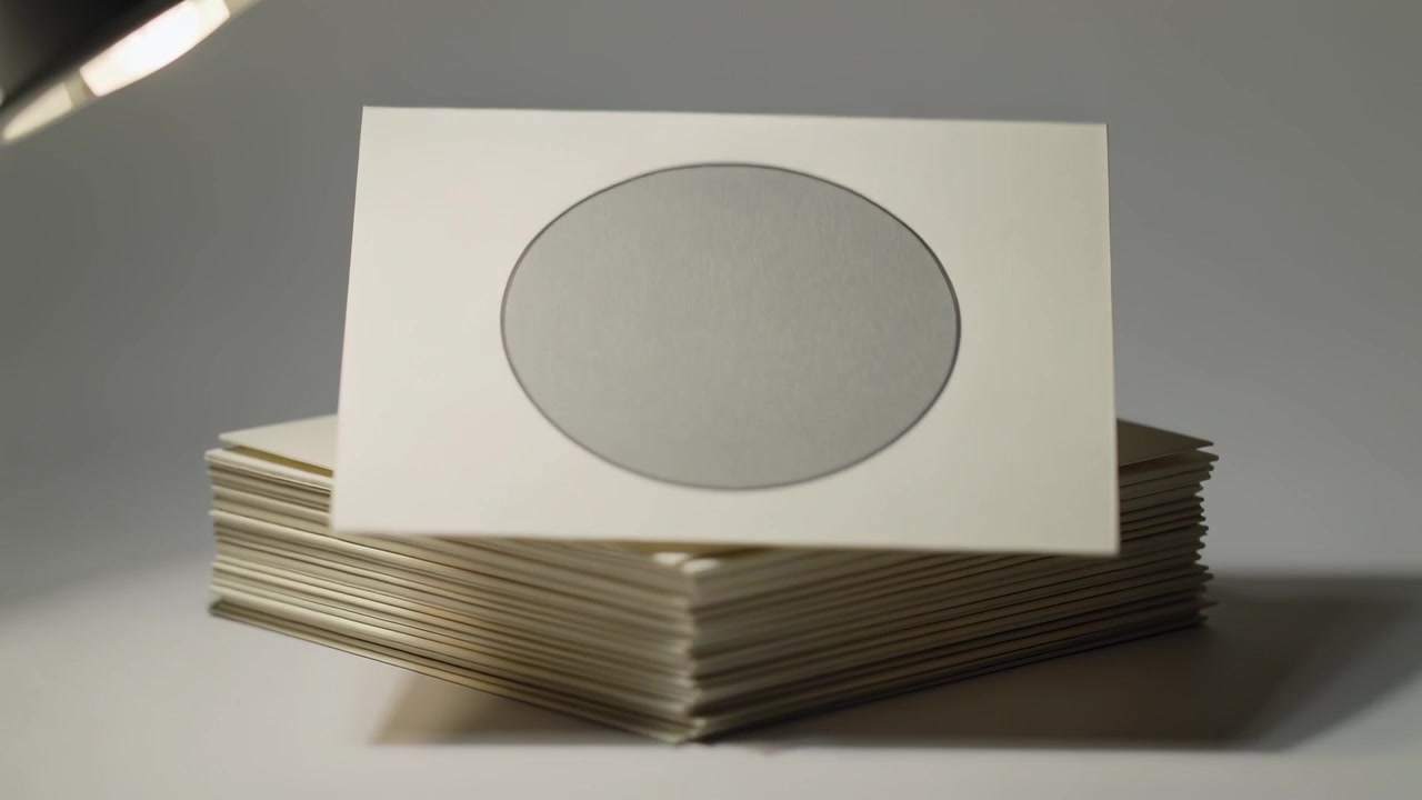 Lifting single card rotating into upright before stack on table under lamp, revealing grey circle